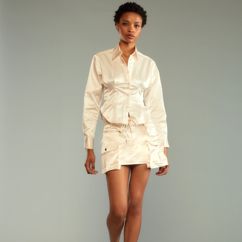 Cynthia Rowley Satin Cargo Shirt, NWT, Cream, Size M